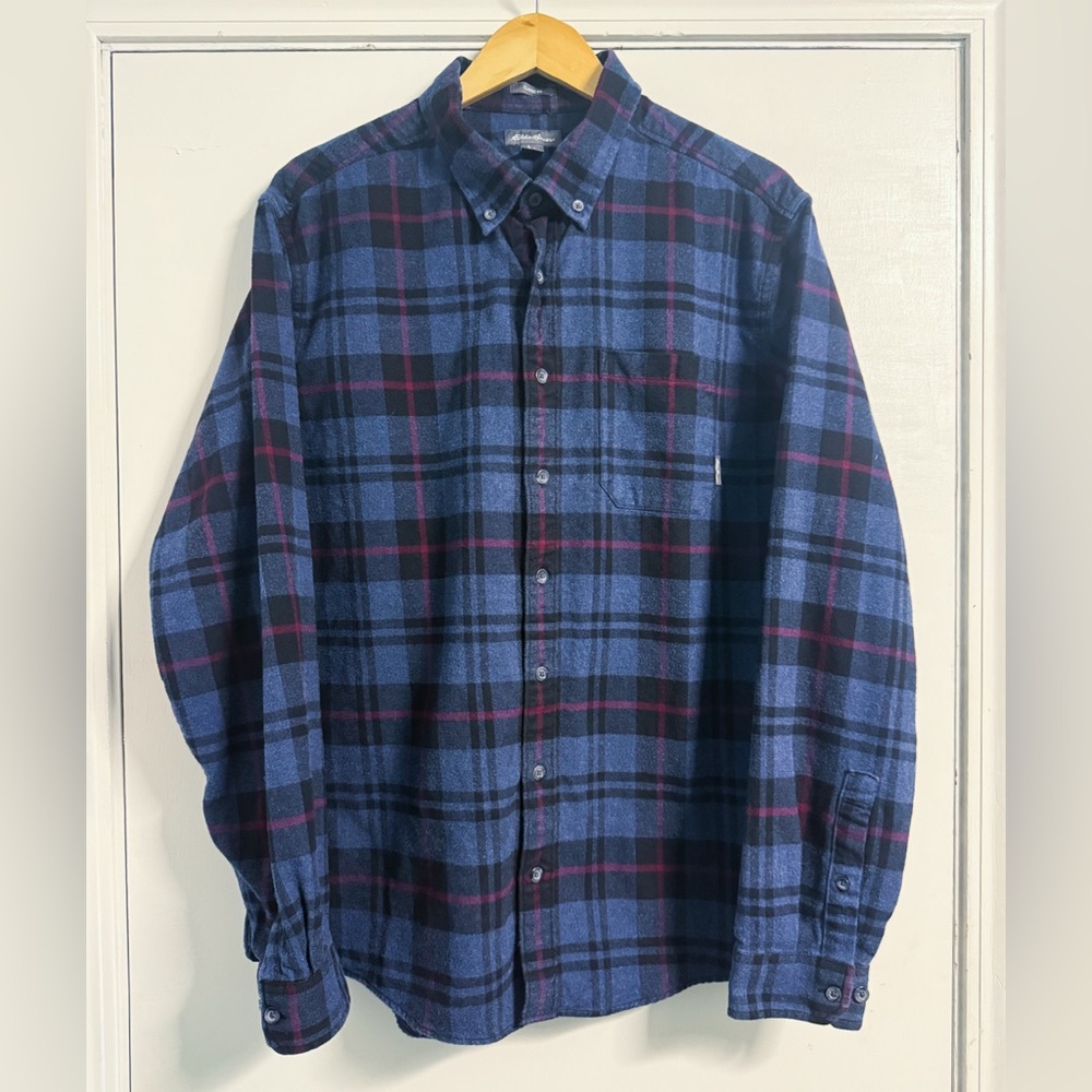Eddie Bauer XLT Indigo Cranberry Plaid Flannel Shirt Tall Men’s Outdoor Casual